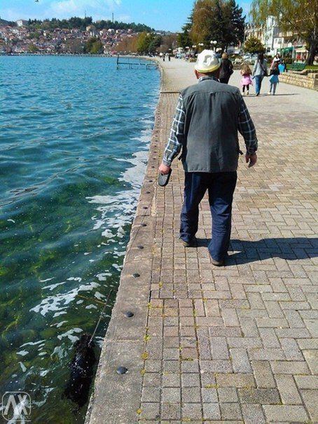Дед Герасим выгуливает собаку