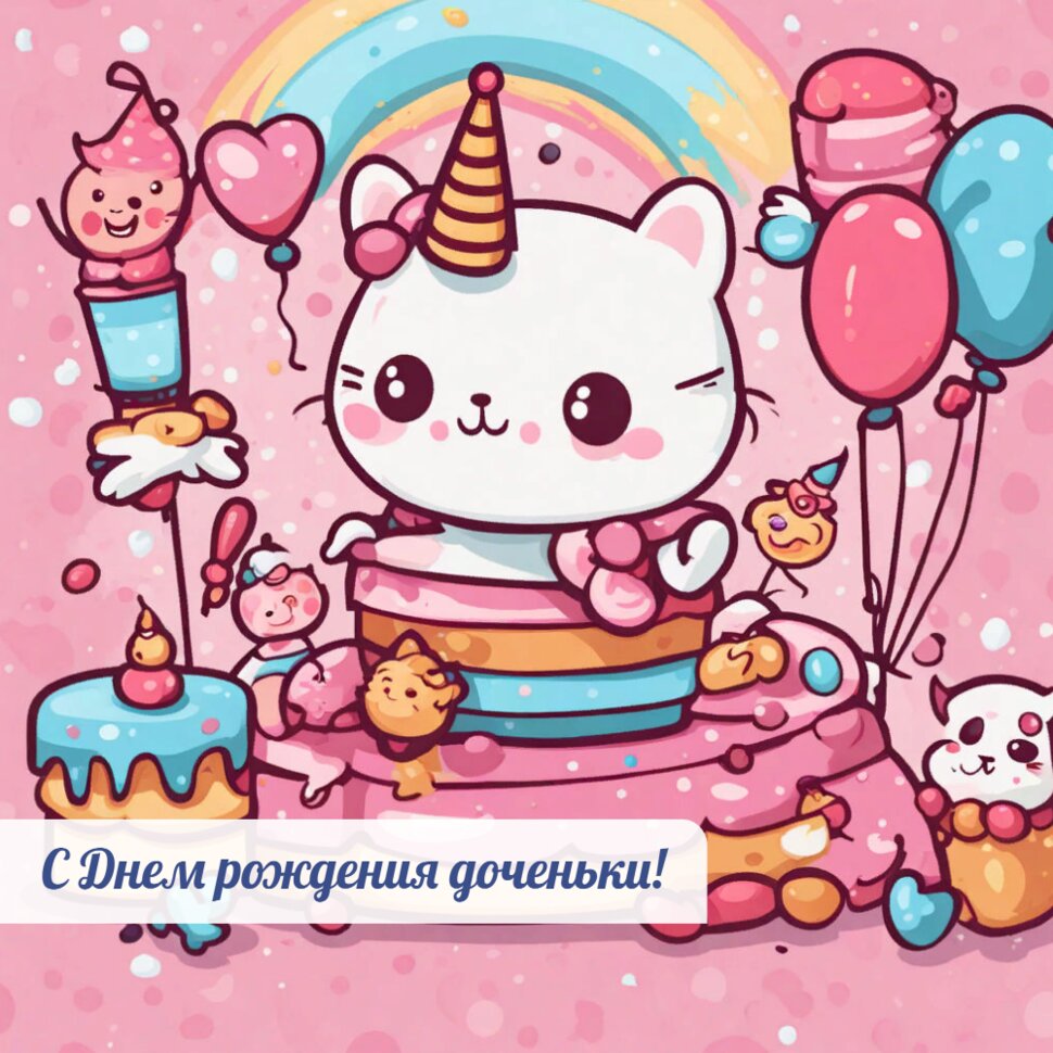 С Днем рождения доченьки! Котик, торт и шарики
