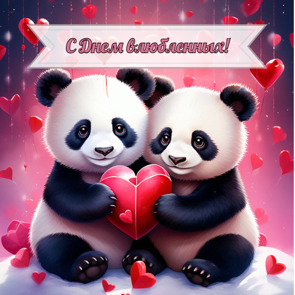 С Днем влюбленных! Открытка с пандами и сердечками