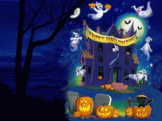 Картинка на Halloween с домом, тыквами и приведениями