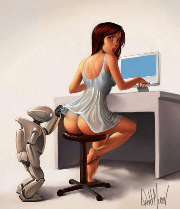 Эротическая открытка про робота и девушку с компьютером