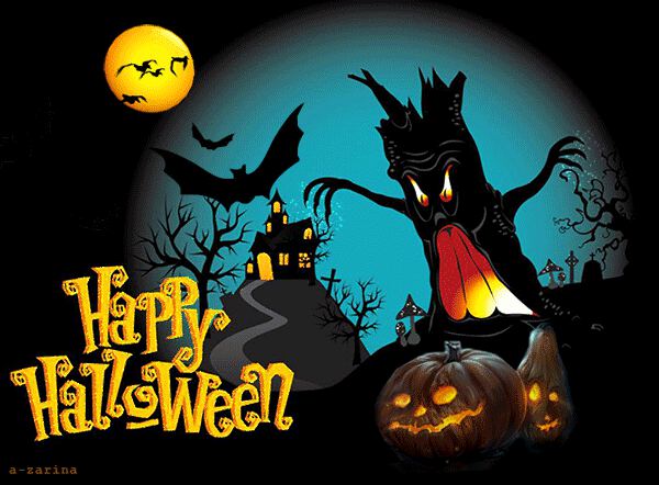 Гиф открытка на Хэллоуин с монстром и тыквами
