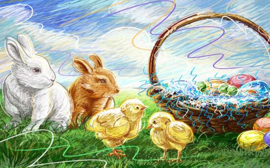 Пасхальный кролик и корзина с яйцами. Рисунок