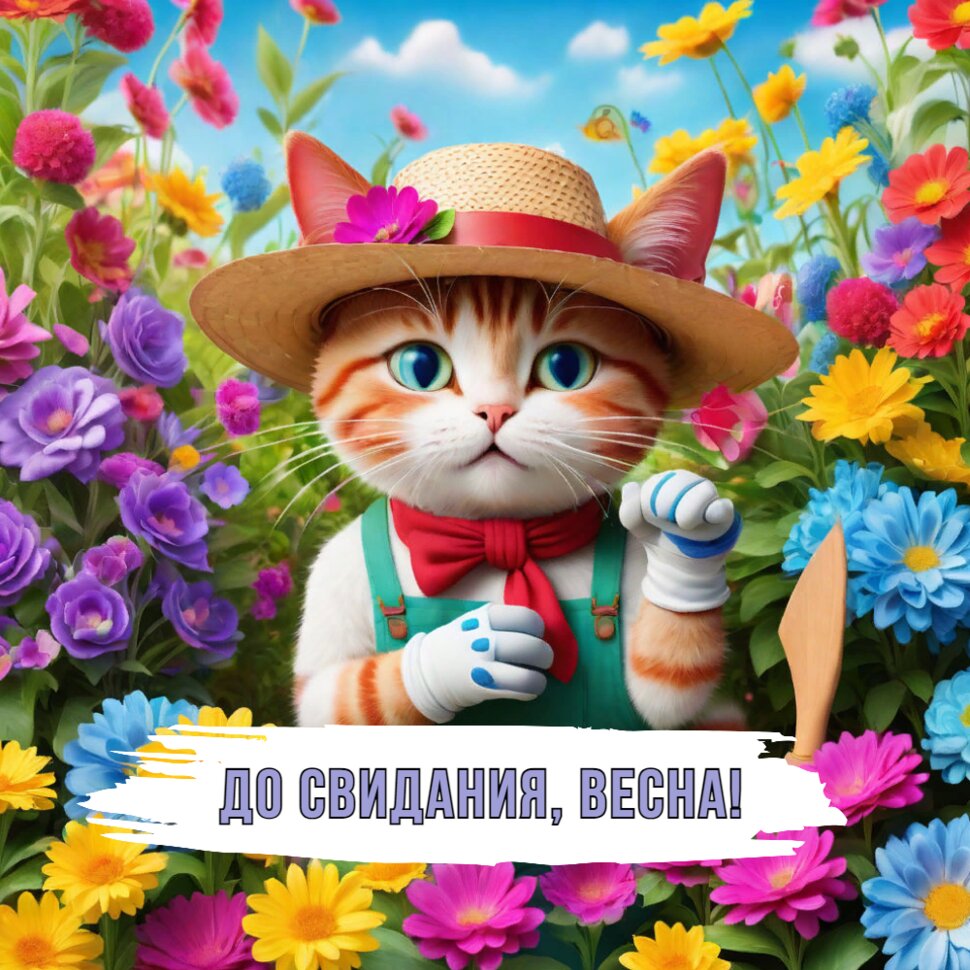 До свидания, Весна! Котик в шляпке с цветами