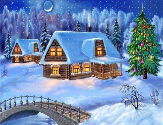 Зимний пейзаж с домиком и украшенной елкой
