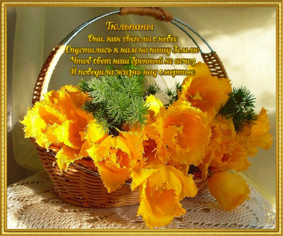 Открытка желтые тюльпаны в корзине и стихи
