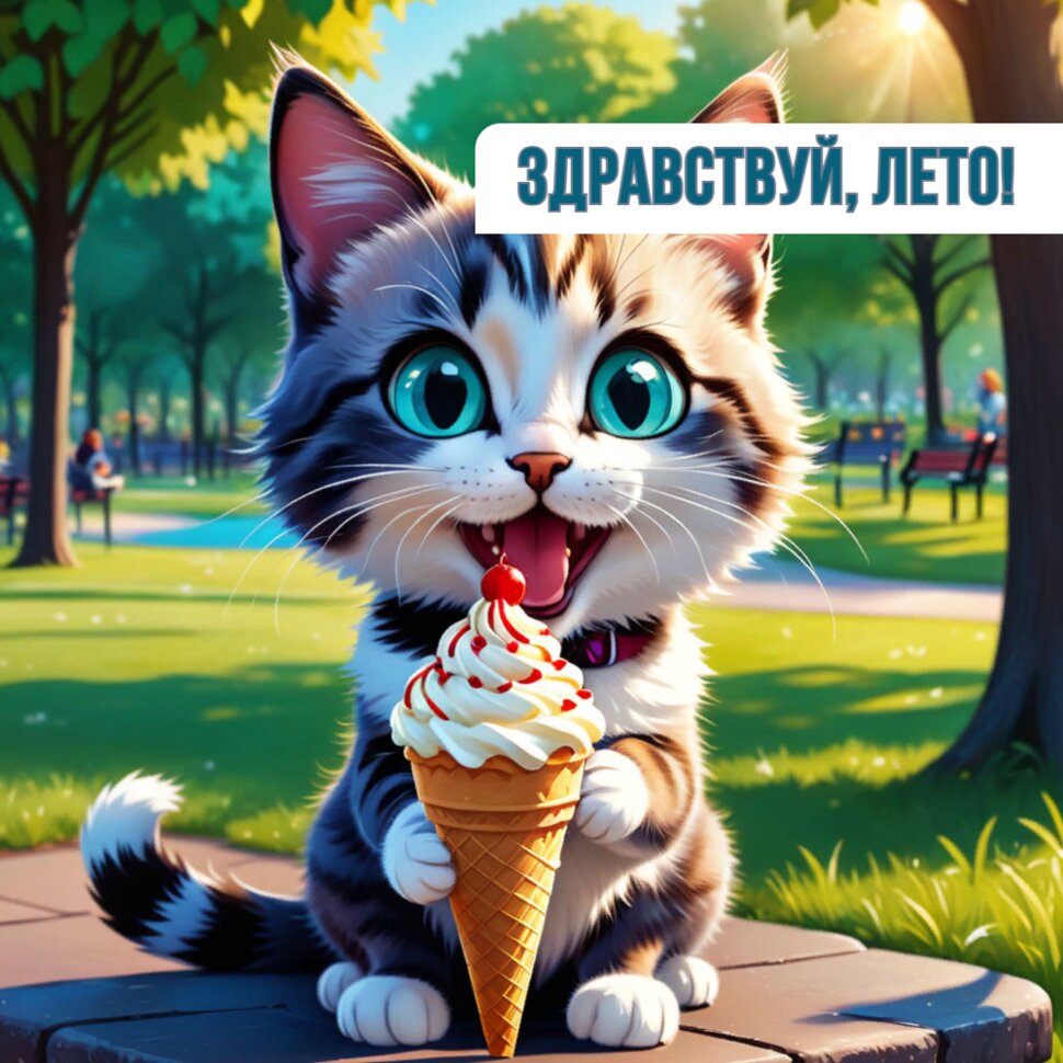 Здравствуй, Лето! Котик с мороженым в парке