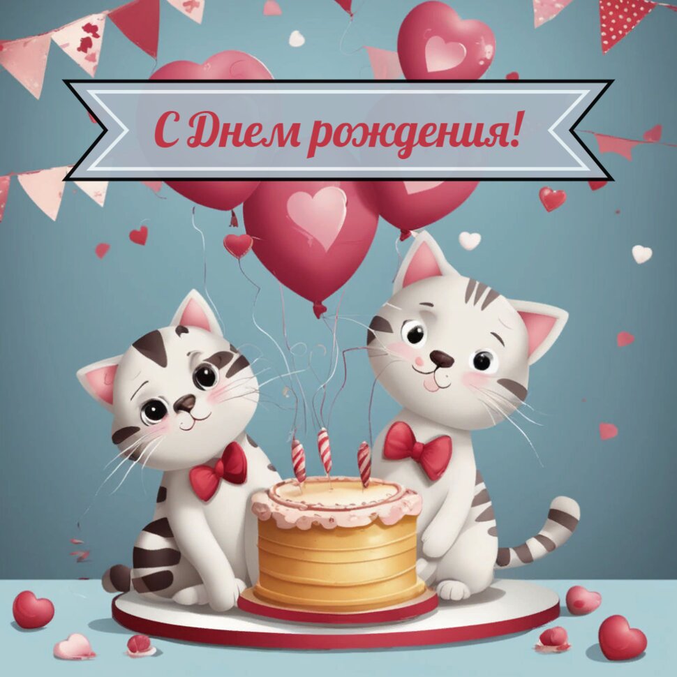 С днем рождения! Детская открытка с котиками и тортом