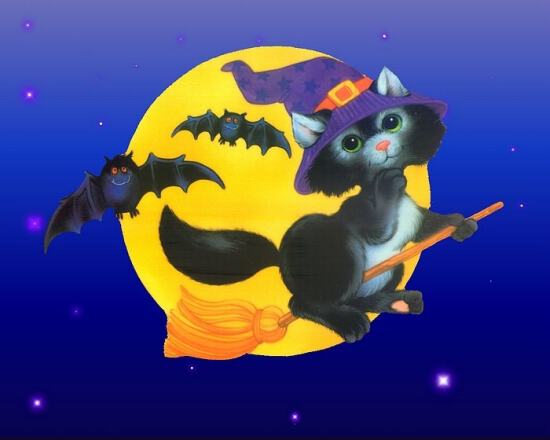 Картинка на Halloween с кошкой-ведьмочкой