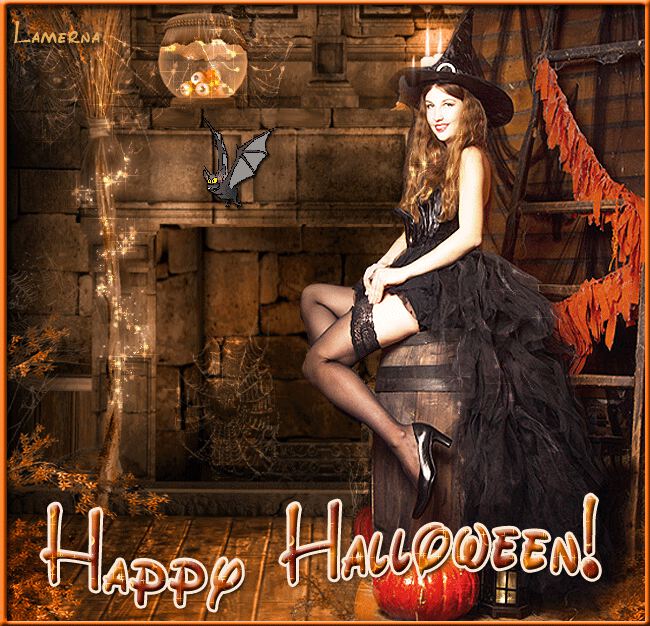 Happy Halloween гиф открытка с ведьмой