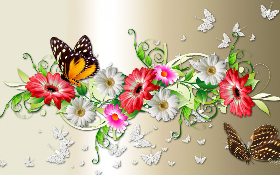Красивая открытка с цветами и бабочками
