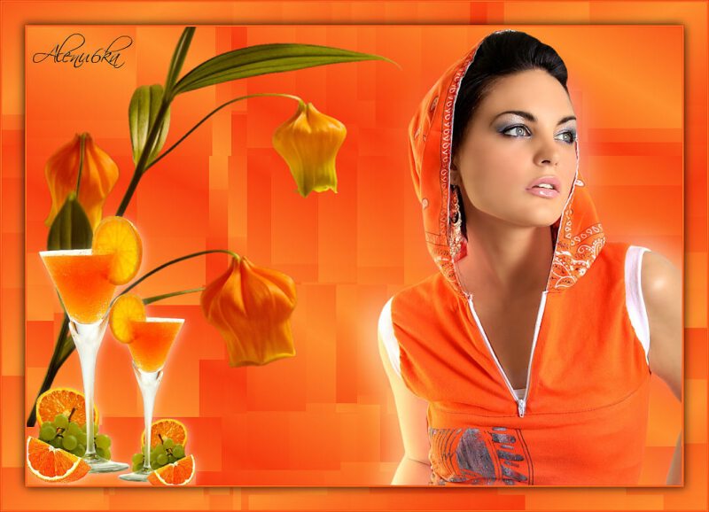 Оранжевая открытка с девушкой, цветами и коктейями