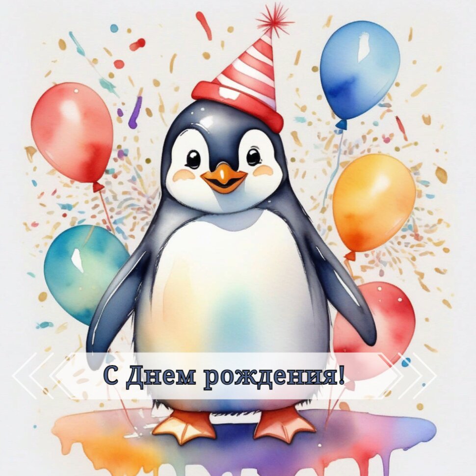 С днем рождения! Детская открытка с пингвином и шарами