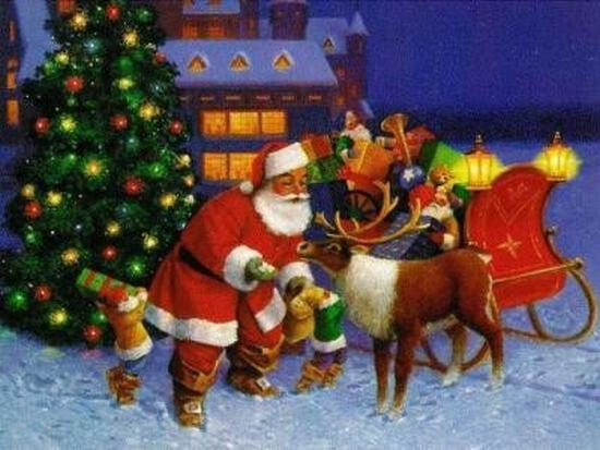 Санта Клаус с оленем и санями
