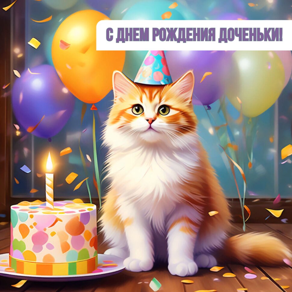 С Днем рождения доченьки! Котик с шариками и тортом