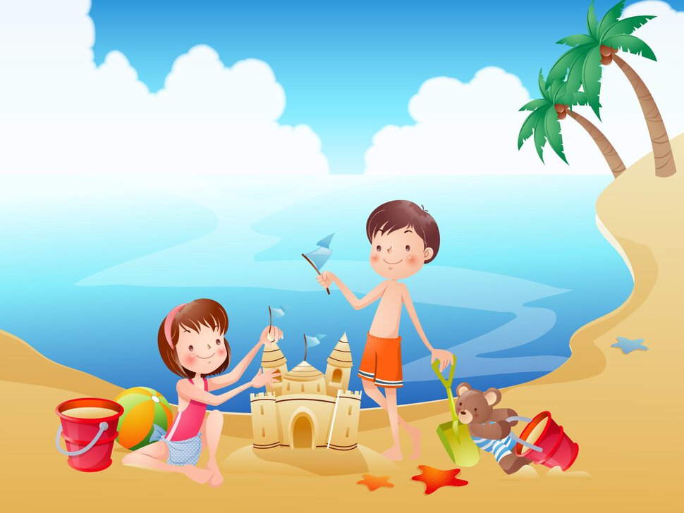 Открытка на летнем пляже для детей