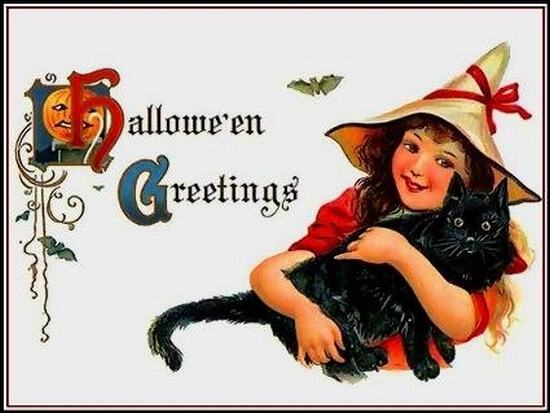Картинка на Halloween с девочкой и черной кошкой