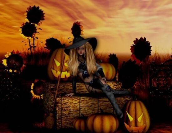 Картинка на Halloween с ведьмочкой среди тыкв