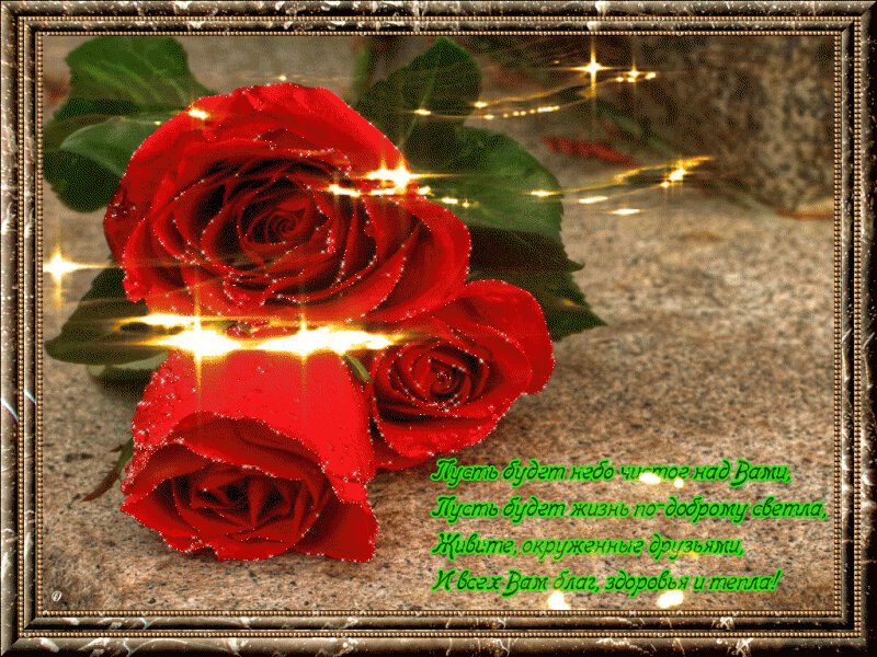 Открытка с треми красными розами в мраморной рамке