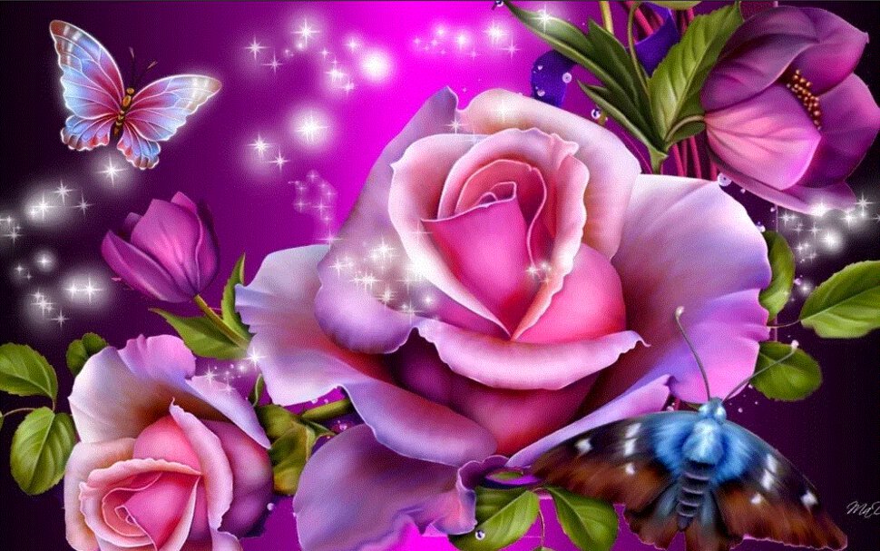 Красивая открытка с волшебными цветами и бабочками