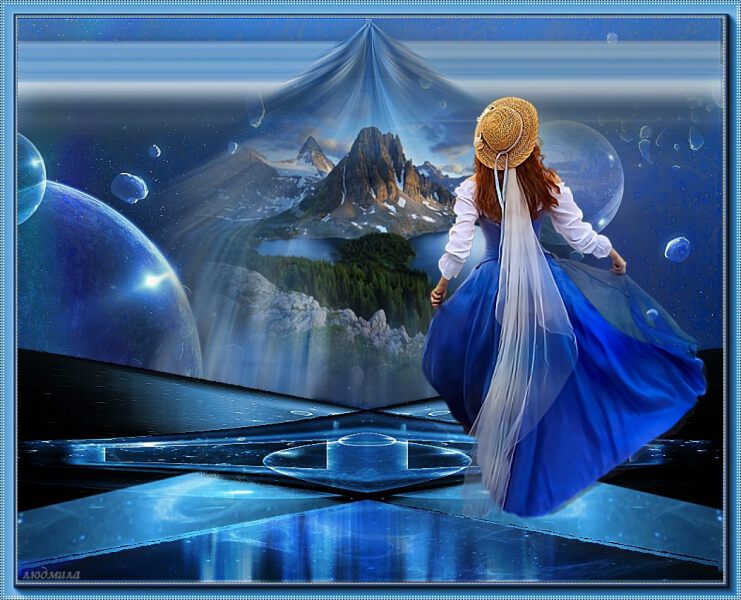 Открытка с девушкой в синем платье и горный пейзаж