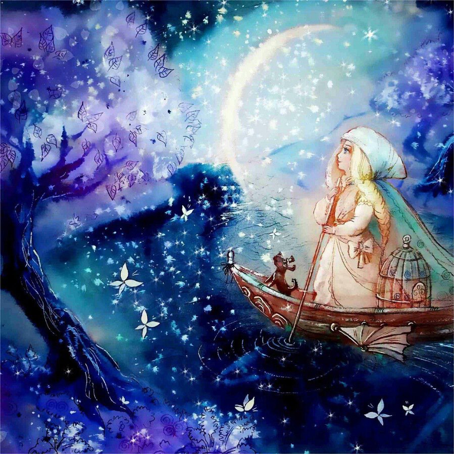 Рисунок с девочкой на лодке волшебной ночью
