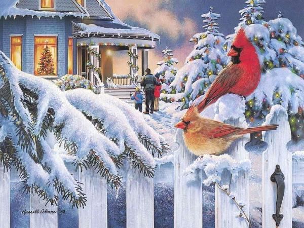 Уютная новогодняя открытка с зимними птицами