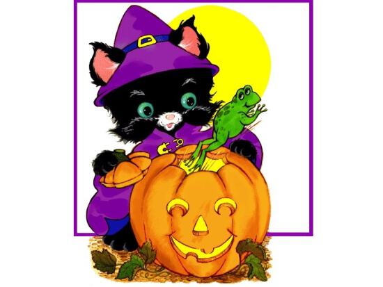 Картинка на Halloween с котиком, тыквой и лягушкой