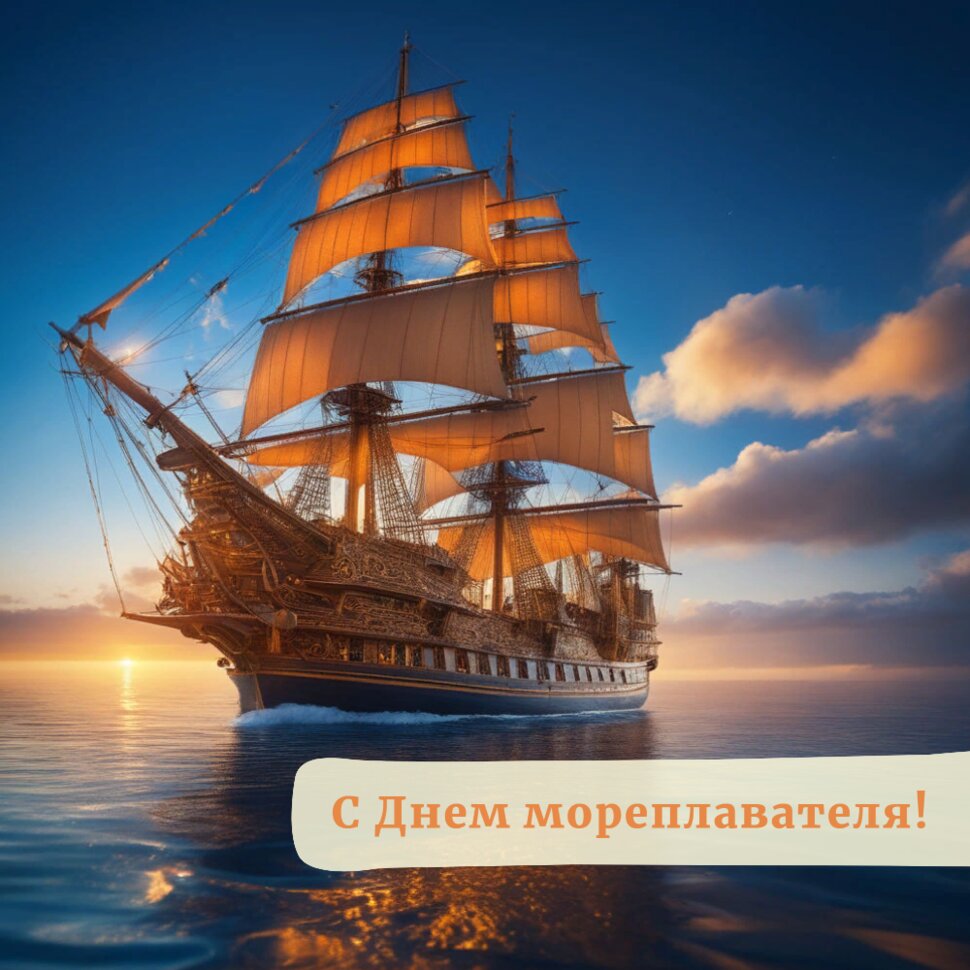 С Днем мореплавателя! Корабль под парусами на закате