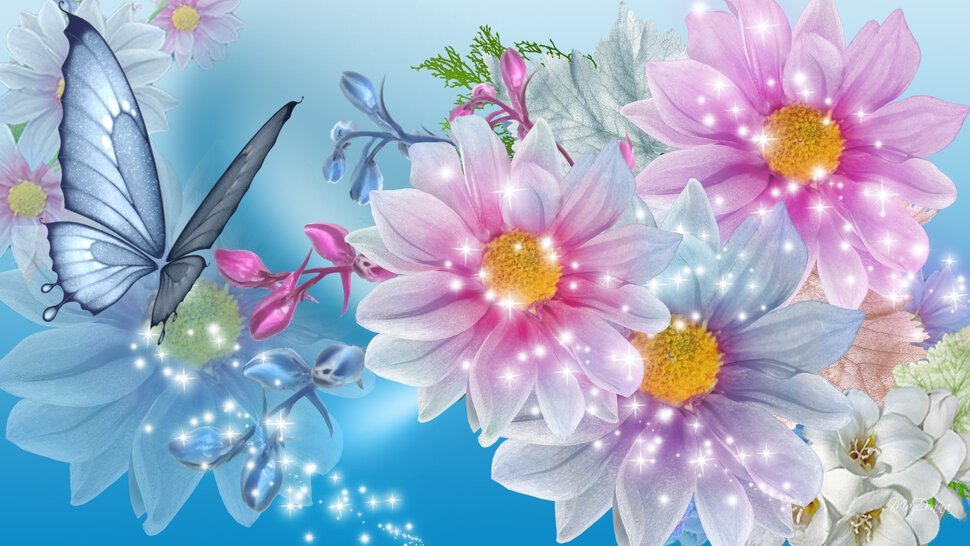 Красивая открытка с цветами и бабочкой