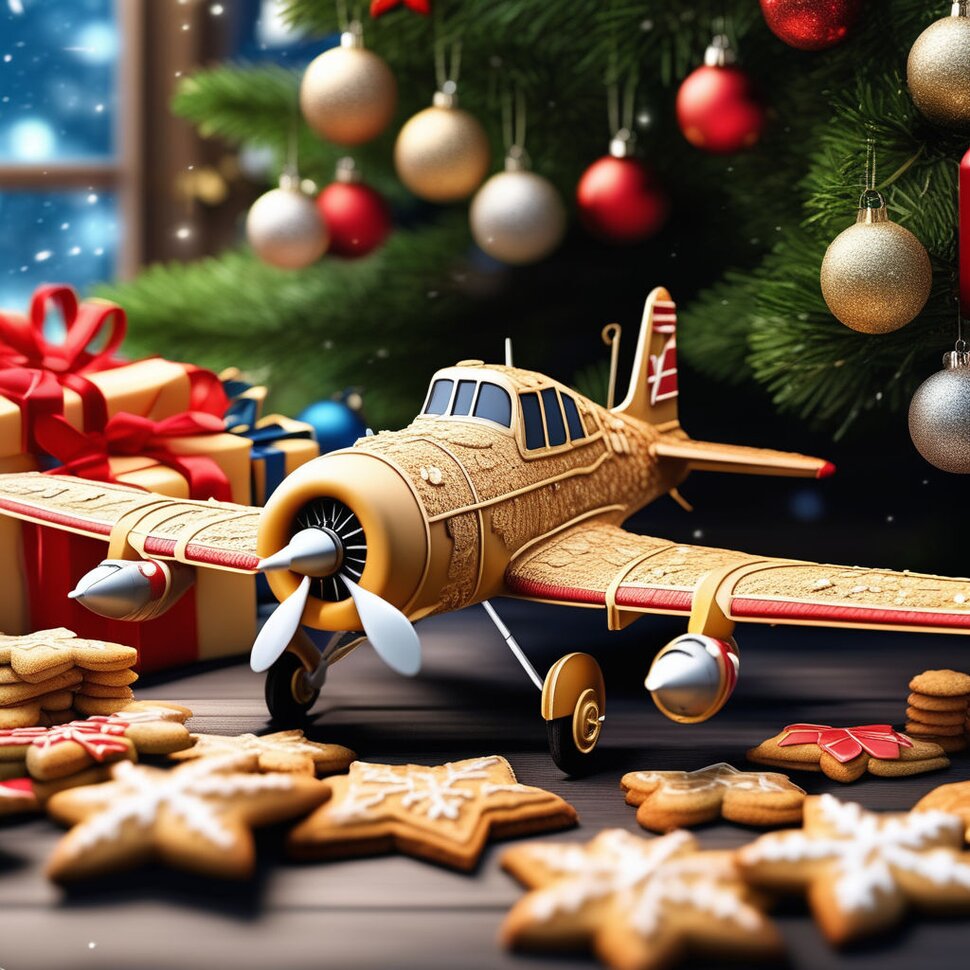 Авиационная новогодняя открытка с самолетом и елкой