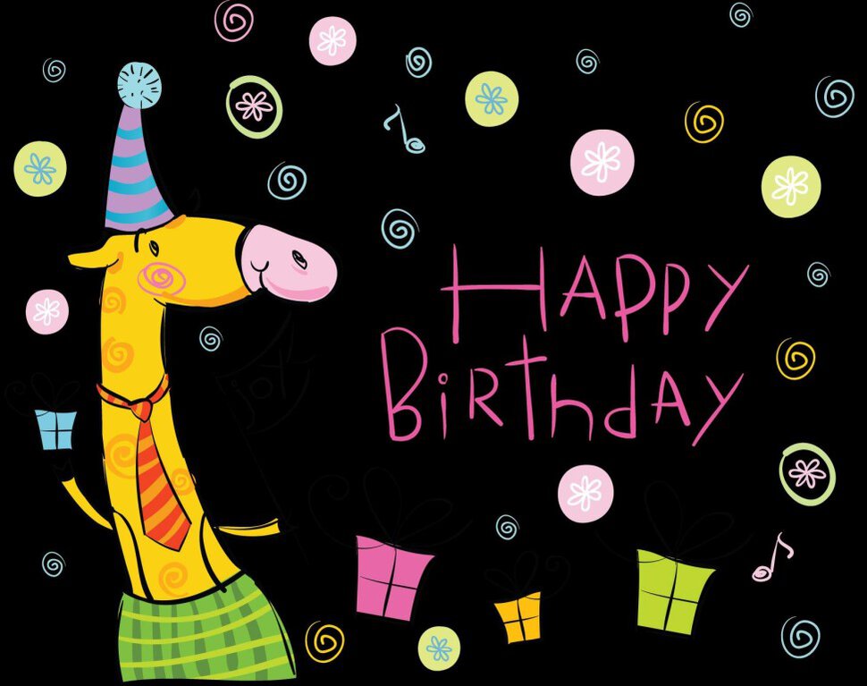 Прикольная открытка с жирафом Happy Birthday
