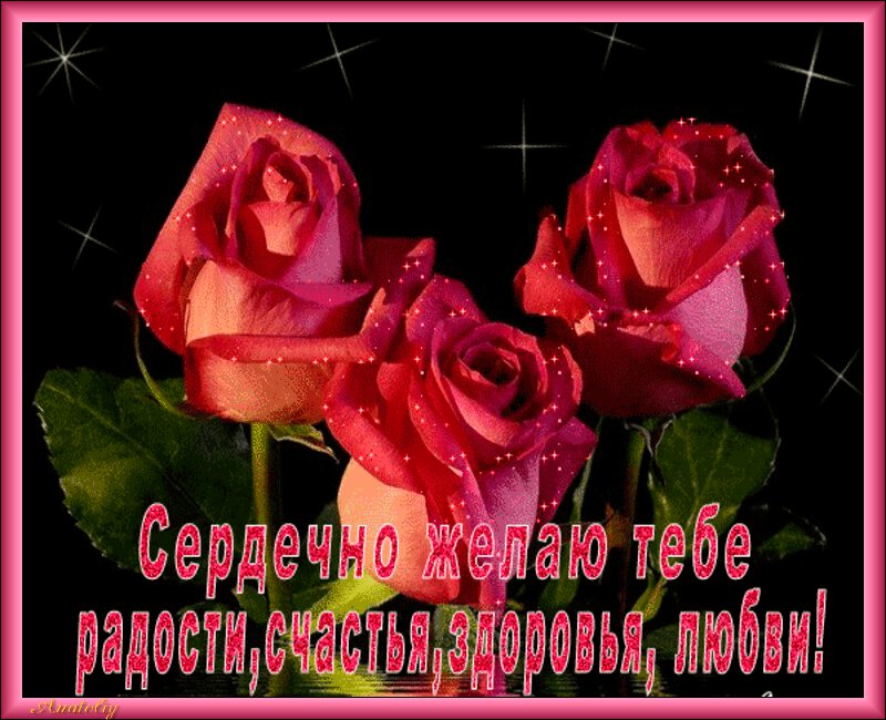 Поздравление с тремя сияющими розами и поздравлением