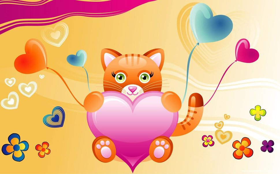 Любовная открытка с котиком и сердечками