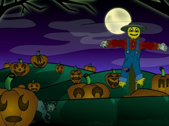 Яркая картинка на Halloween с тыквами и пугалом