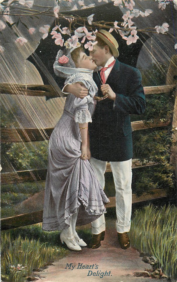 Ретро открытка с влюбленными под дождем