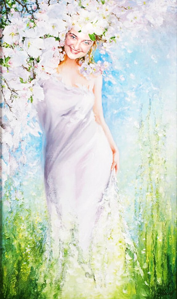 Мерцающая открытка с девушкой в белом платье