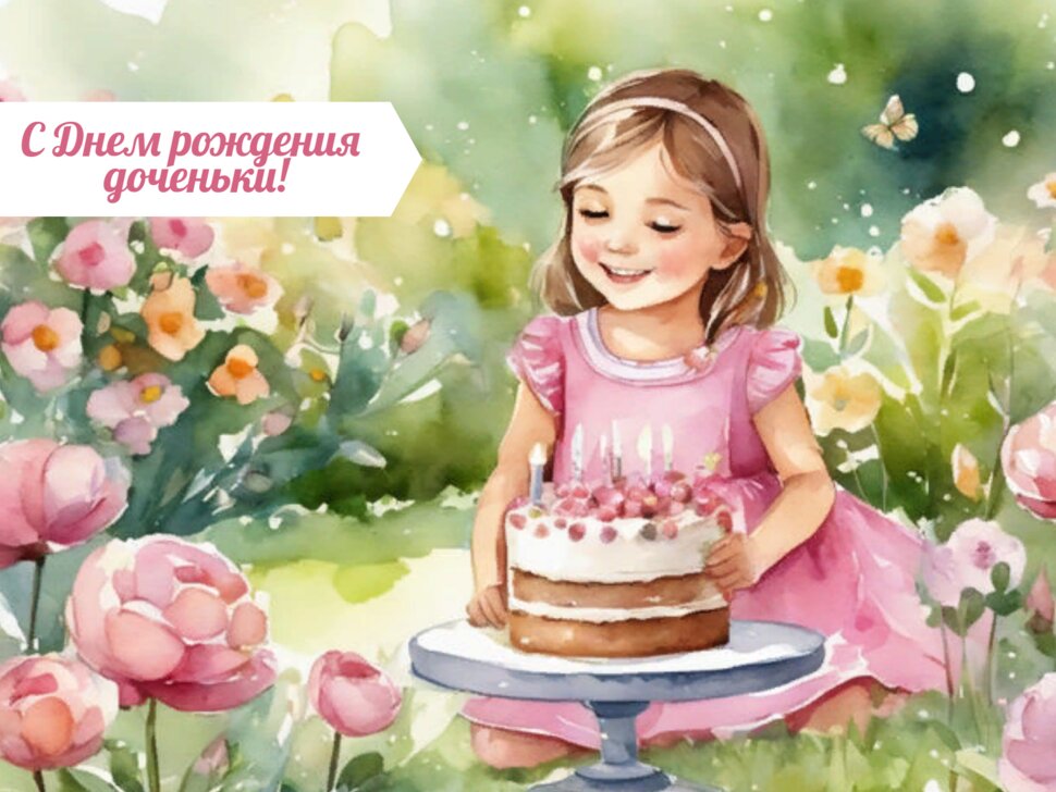 С Днем рождения доченьки! Девочка с тортом среди цветов