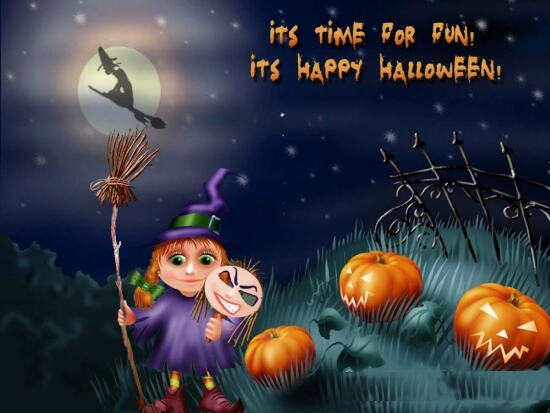 Картинка на Halloween с тыквами и ведьмочкой