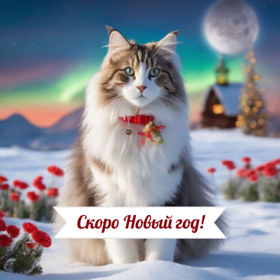 Скоро Новый год! Котик на фоне луны и северного сияния