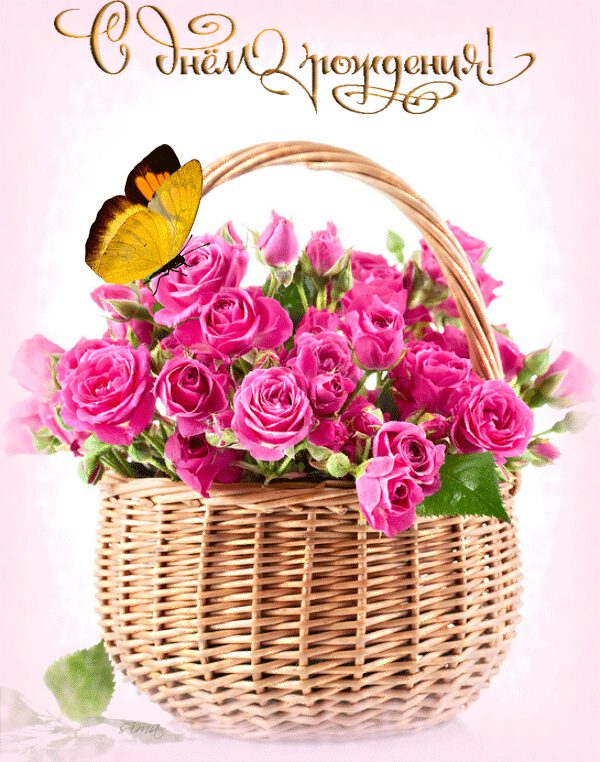 Открытка на День рождения с корзиной роз и бабочкой
