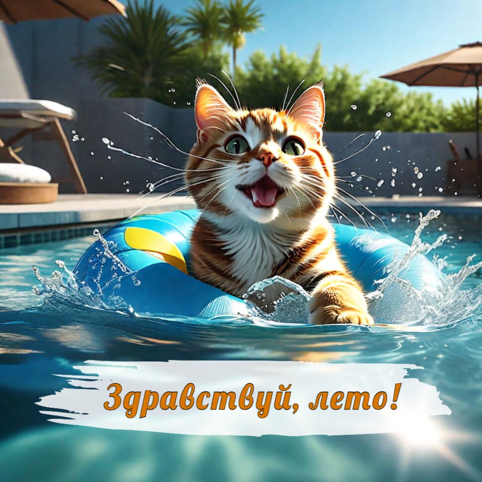 Здравствуй, Лето! Котик в бассейне