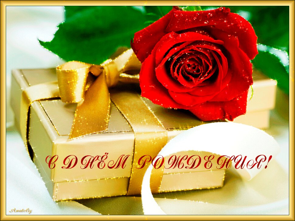 Открытка с розой и подарком в День Рождения
