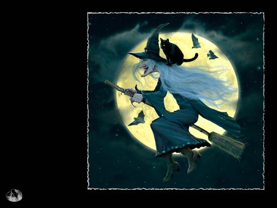 Картинка на Halloween с ведьмой и кошкой на метле
