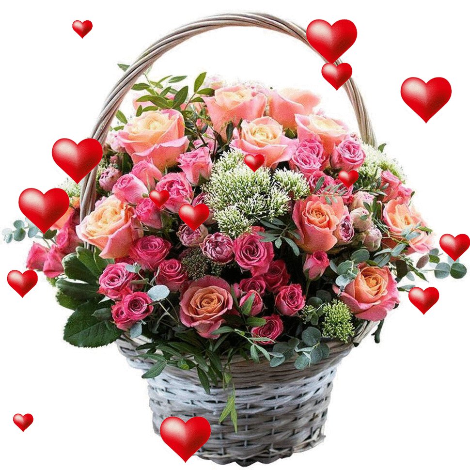 Анимационная открытка с сердечками и букетами цветов