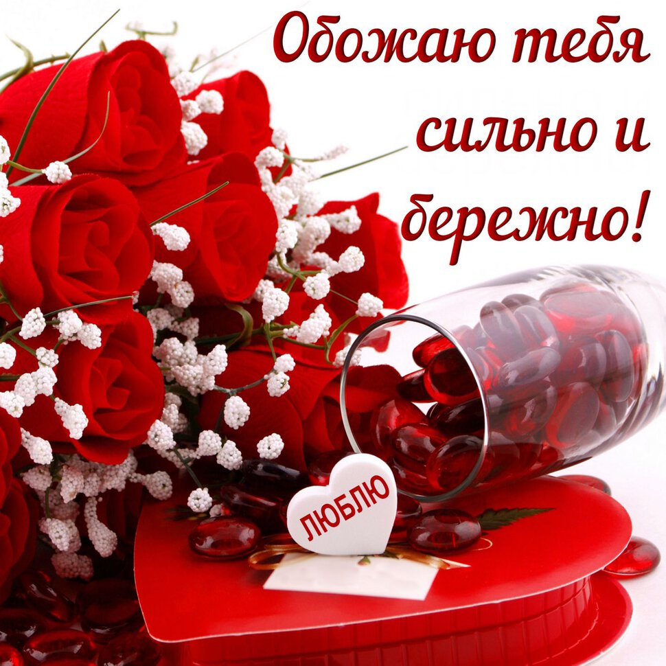 Открытка для любимой девушки с красными розами. Обожаю!