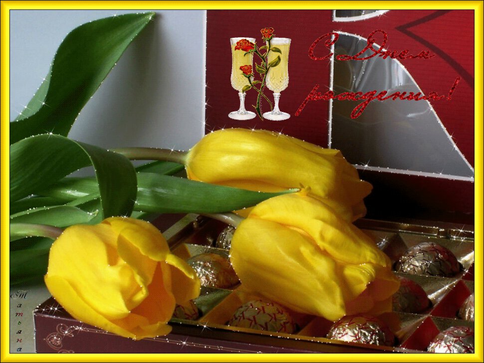Открытка с тремя желтыми тюльпанами на коробке конфет