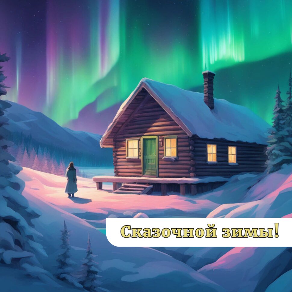Сказочной зимы! Девушка возле дома и северное сияние