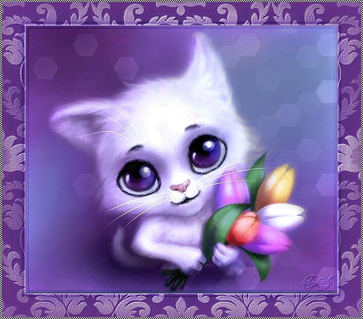 Котёнок с букетом тюльпанов для тебя