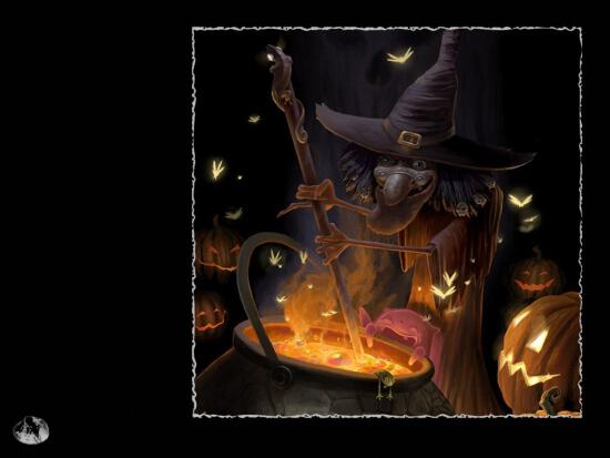 Картинка на Halloween с ведьмой, которая варит зелье
